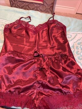 Women's Satin Lace-Trim Burgundy Cami and Shorts Pajama Set